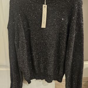 She + Sky Black Sparkle Women's Mock Neck Sweater